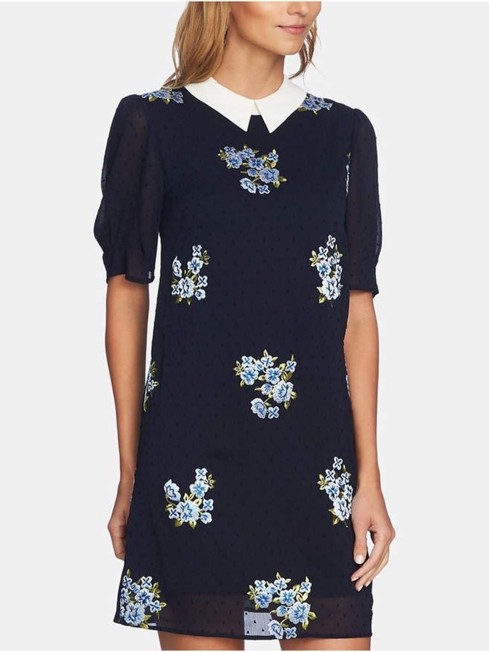 CeCe Navy Blue Swiss Dot Shift Dress Floral Embroidery Peter Pan Collar Twee 0